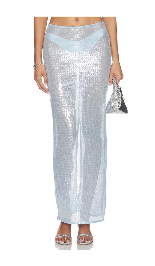 superdown melie sequin maxi skirt in baby blue.