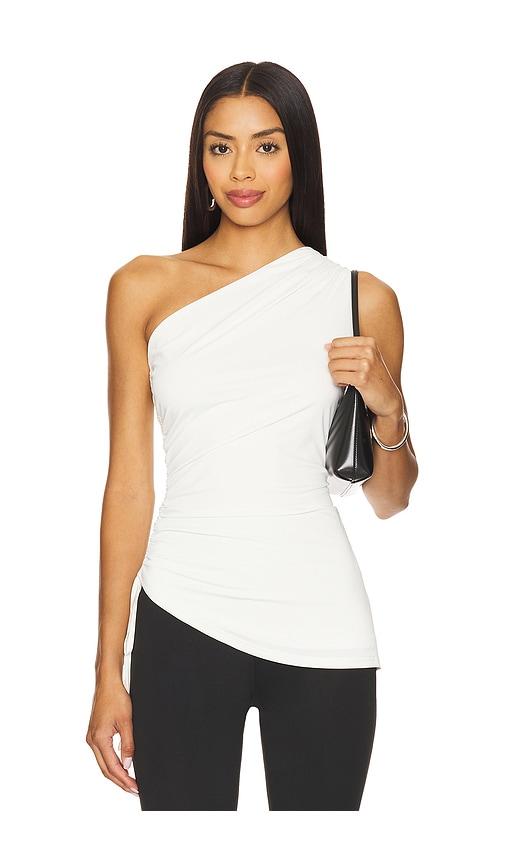 superdown myna asymmetrical top in white.