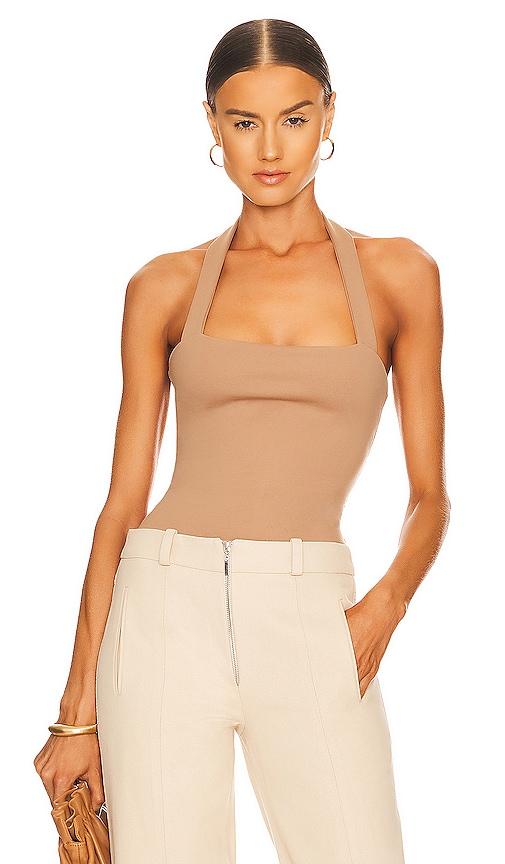 superdown reece halter bodysuit in nude.