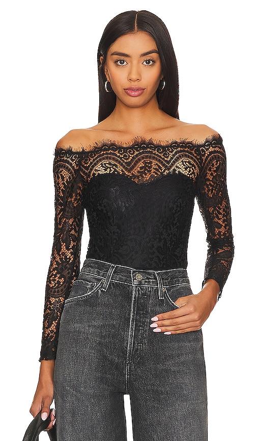superdown rivka off shoulder bodysuit in black.