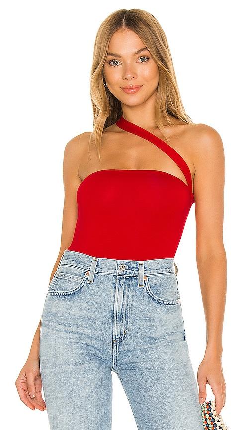 superdown rony asymmetrical bodysuit in red.