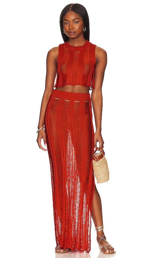 superdown tayla maxi skirt set in burnt orange.