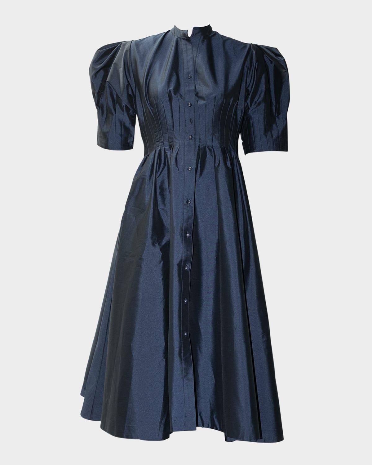 supernova pleated puff-sleeve midi shirtdress