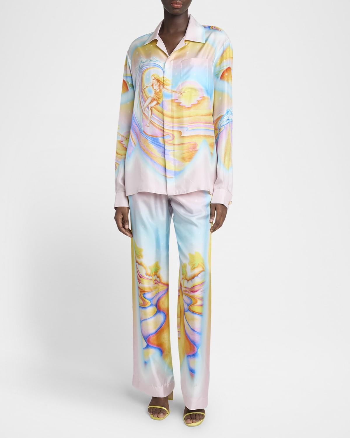 surf print long-sleeve silk blouse