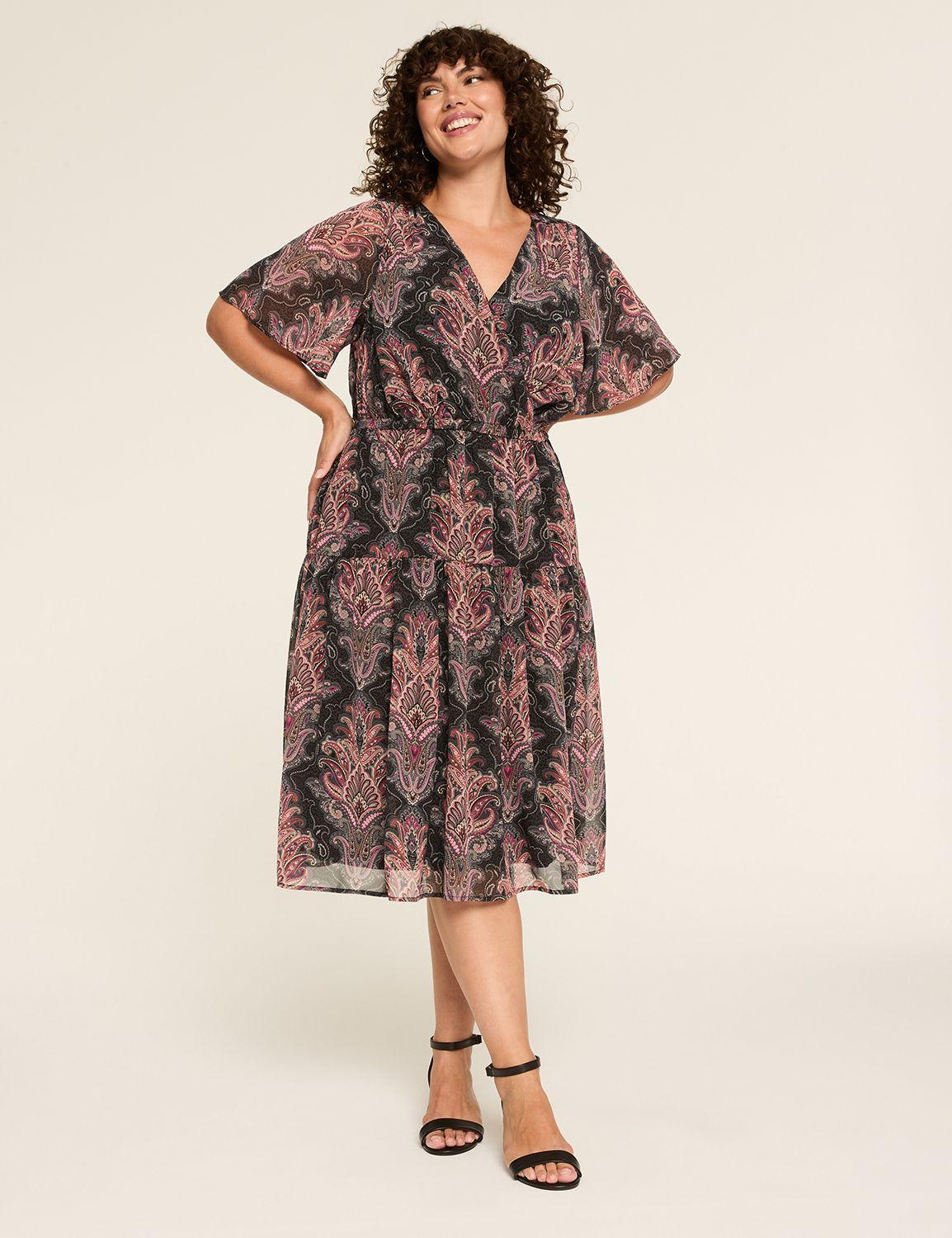 surplice-neck elbow-sleeve midi dress