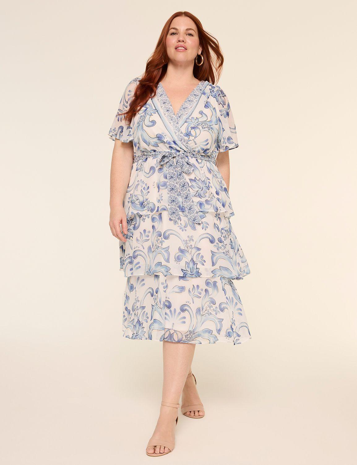 surplice-neck tiered midi dress