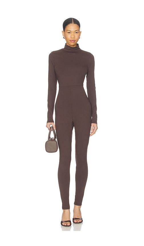 susana monaco carryover mock neck jumpsuit in chocolate.
