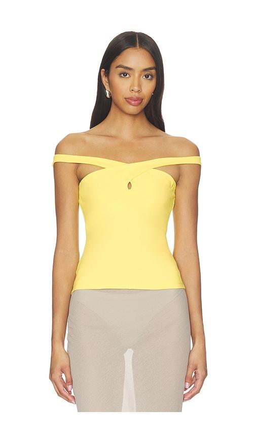 susana monaco cross front top off shoulder top in yellow.