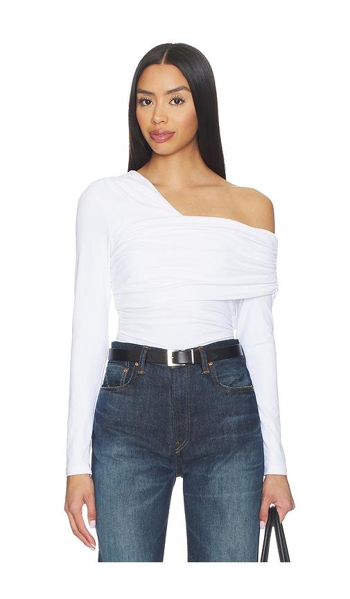 susana monaco gathered top in white.