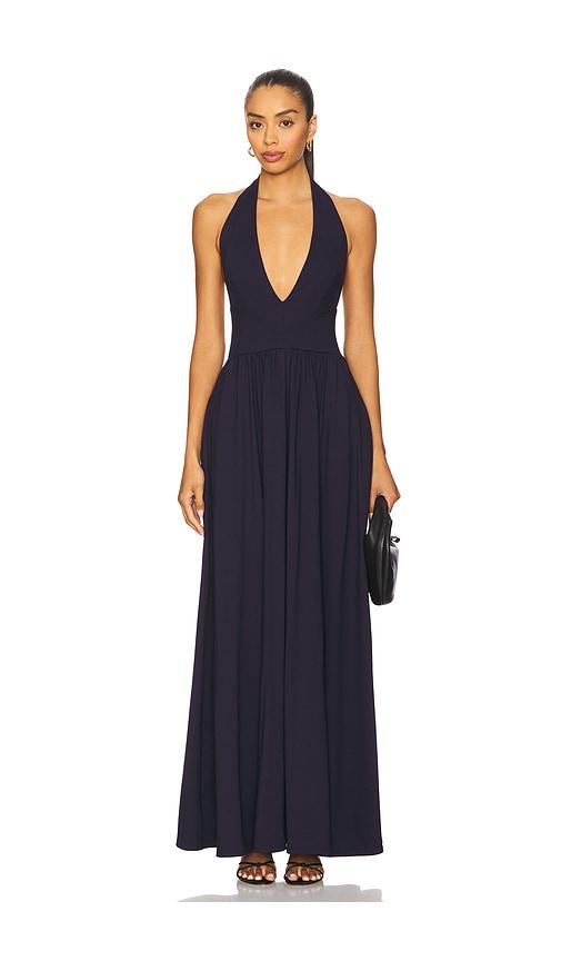 susana monaco halter gathered dress in navy.