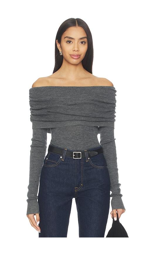 susana monaco light merino off shoulder sweater in grey.