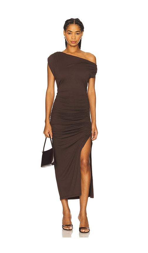 susana monaco one arm midi dress in chocolate.