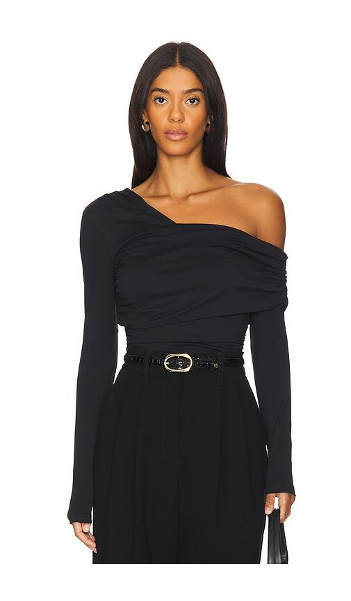susana monaco one shoulder off shoulder long sleeve top in black.