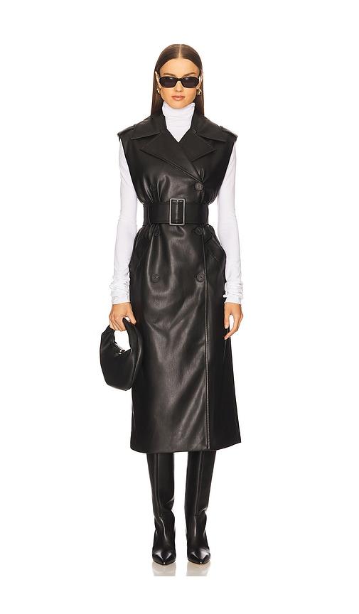 susana monaco sleeveless faux leather sleeveless trench in black.