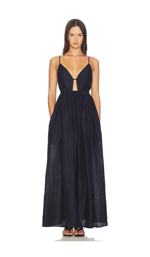 susana monaco solid linen empire waist dress in navy.