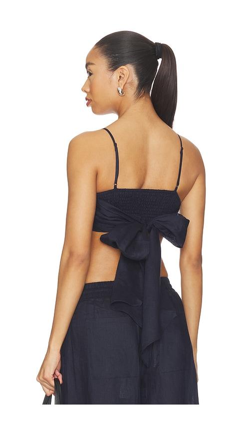 susana monaco solid linen tie back top in navy.