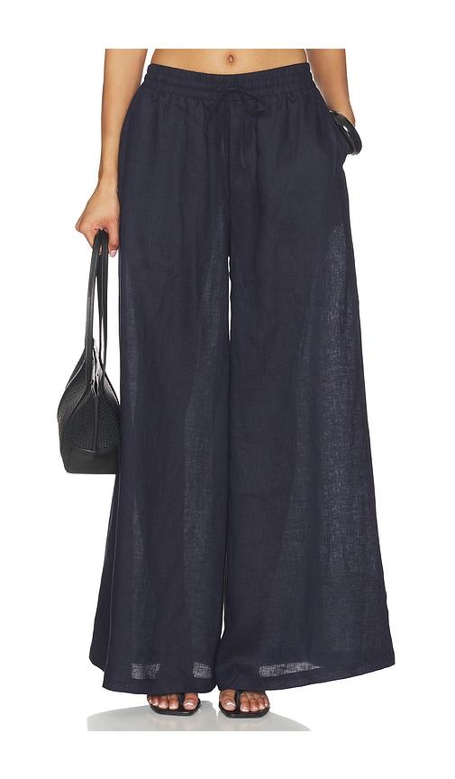susana monaco solid linen wide leg elastic pant in navy.