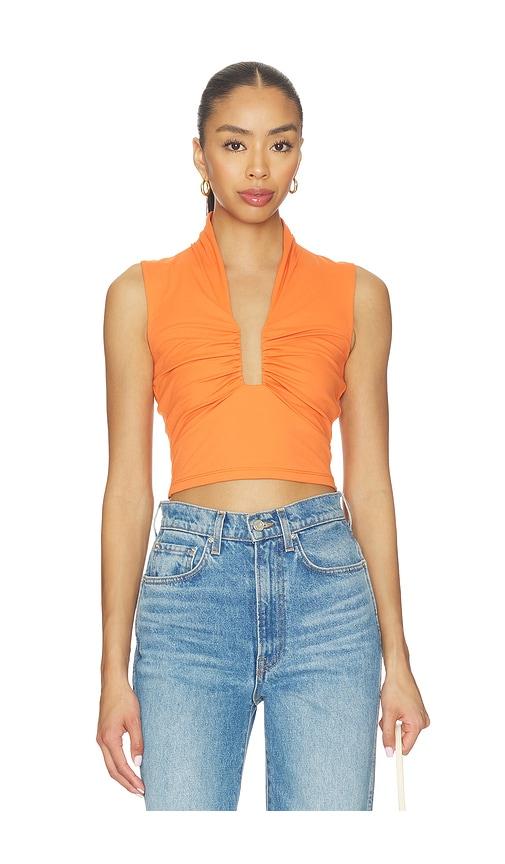 susana monaco square gathered sleeveless top in orange.