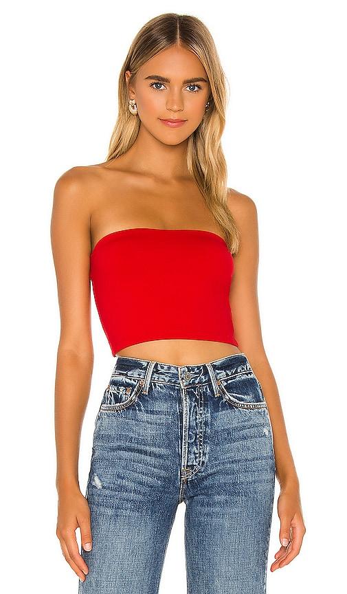 susana monaco strapless crop top in red.