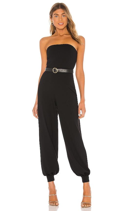susana monaco strapless cuffed ankle jumpsuit in black.