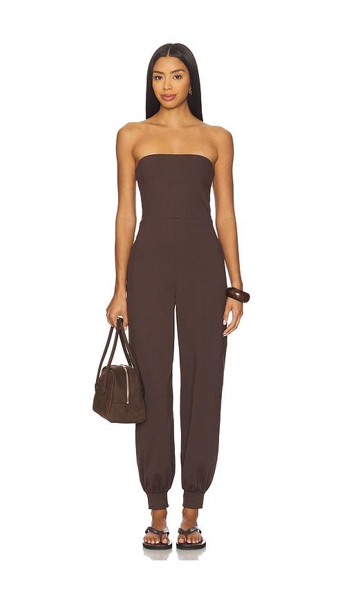 susana monaco strapless cuffed ankle jumpsuit in brown.
