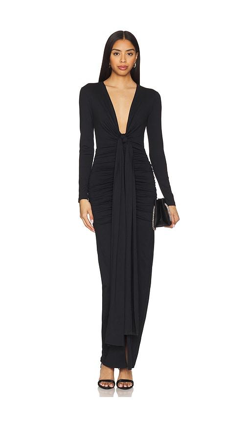 susana monaco tie gathered long sleeve dress in black.