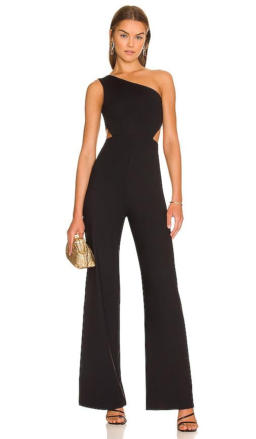 susana monaco x revolve asymmetrical cut out jumpsuit in black.