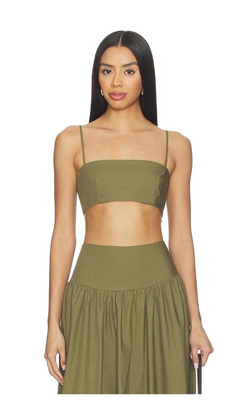 susana monaco x revolve poplin crop string top in olive.