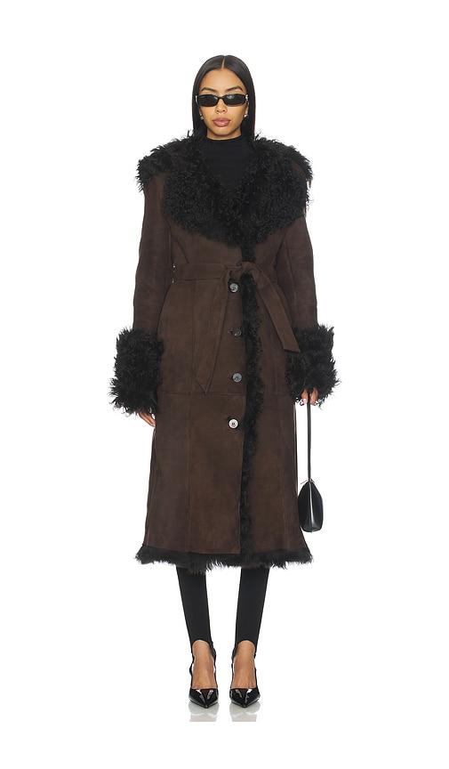 susanna chow daphne shearling suede coat in brown.