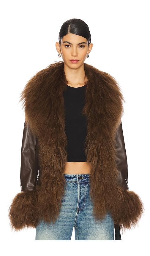 susanna chow dorothy leather coat with fur trim in brown.