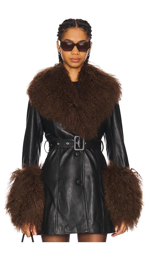 susanna chow mimi leather coat with fur trim in black.