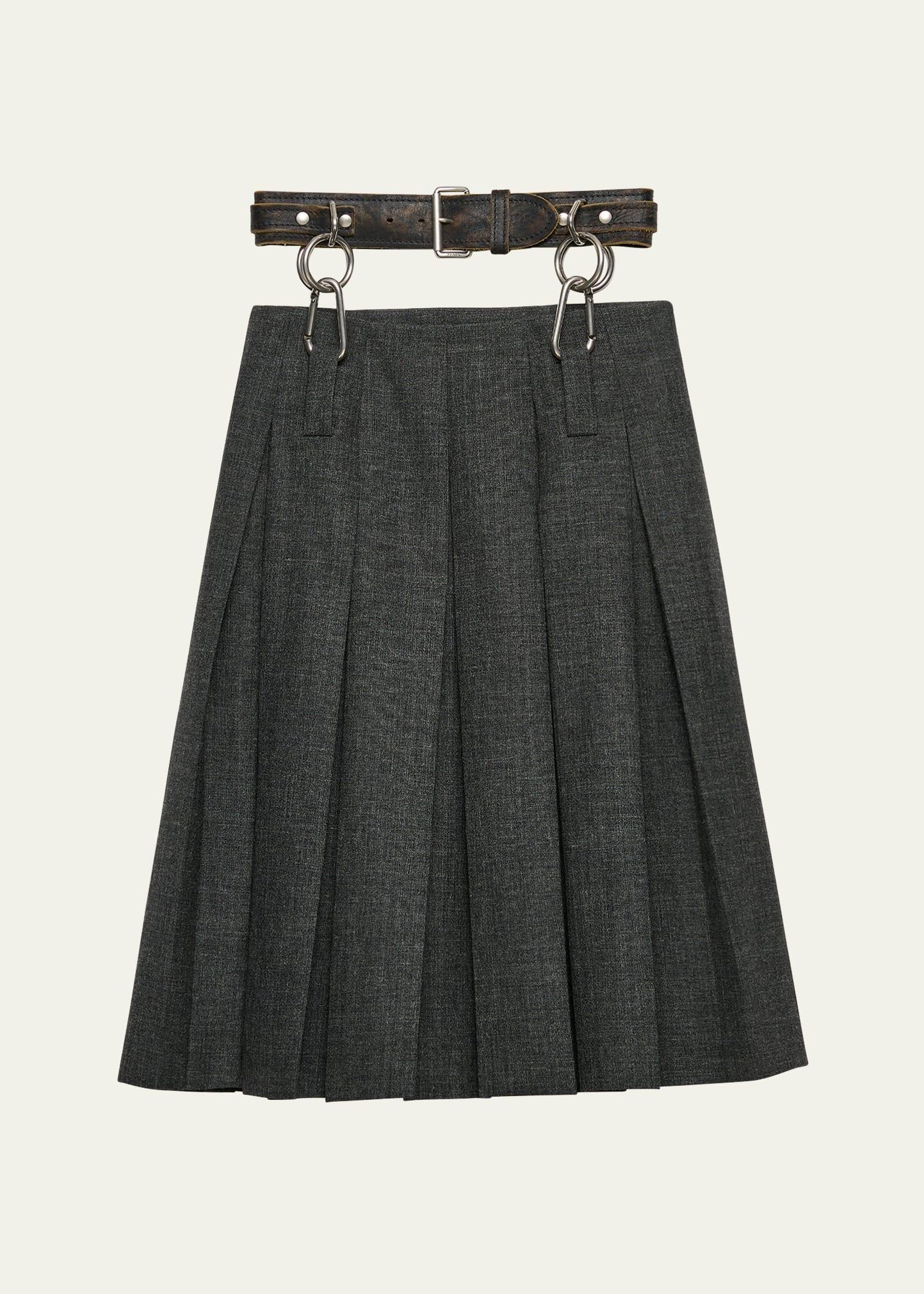 suspended leather belt pleated wool skirt