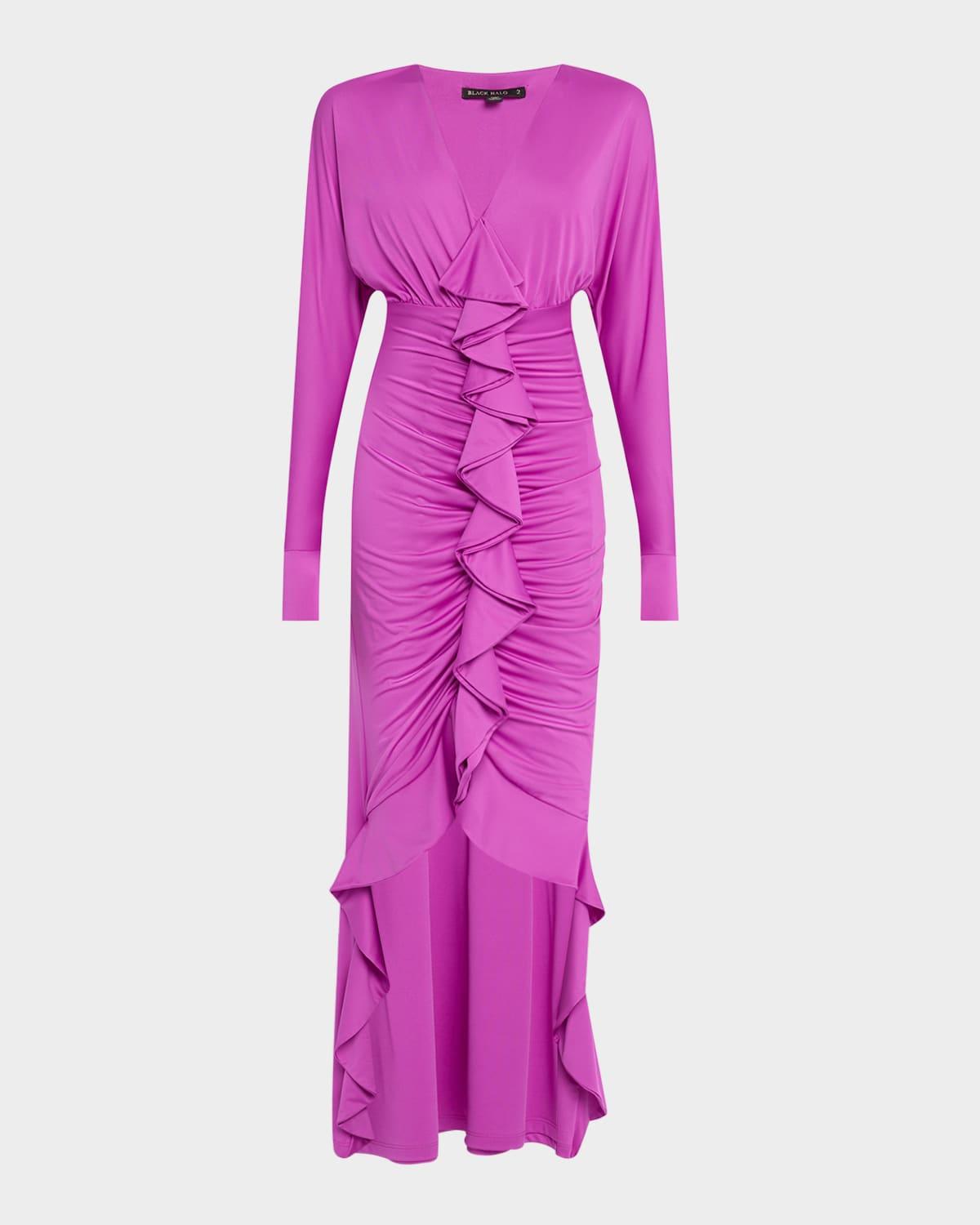 sweeney ruched high-low ruffle maxi dress