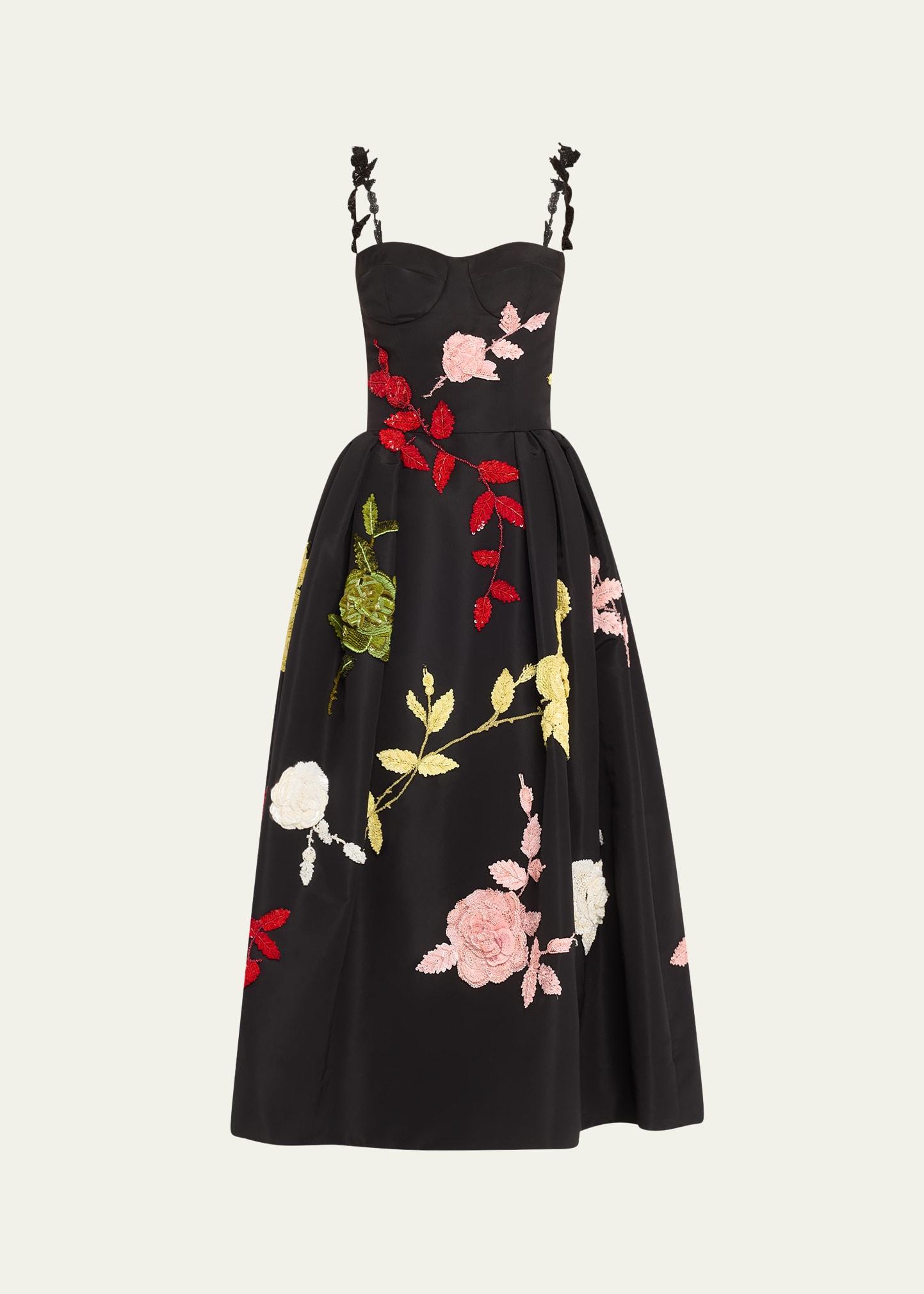 sweetheart rose embroidered faille midi cocktail dress