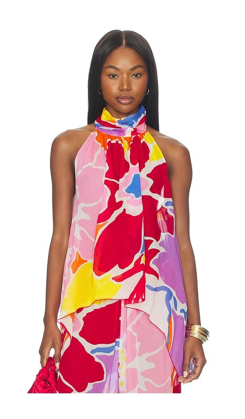 swf high neck flare top in red, pink.