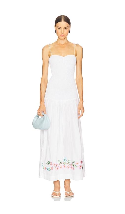 swf shirred embroidered drop hem maxi dress in white.
