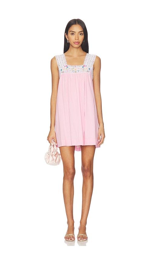 swf square neck embroidered midi dress in pink.