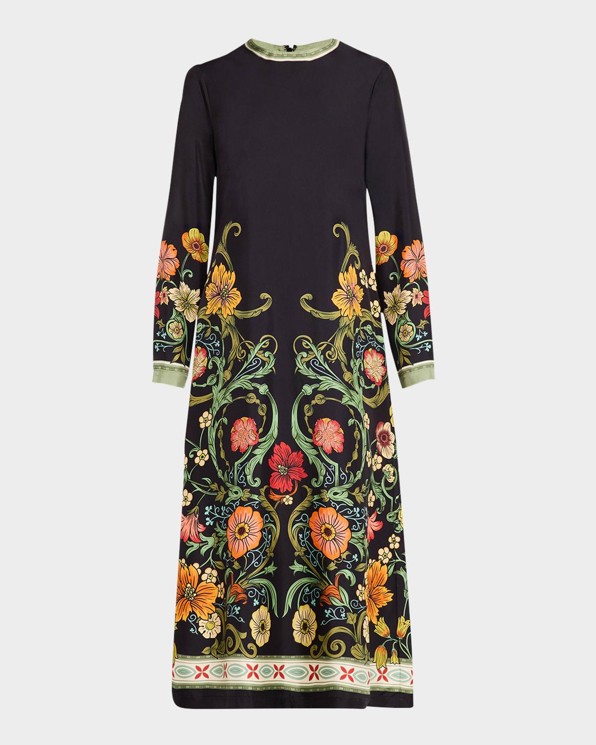 swing long floral silk twill dress