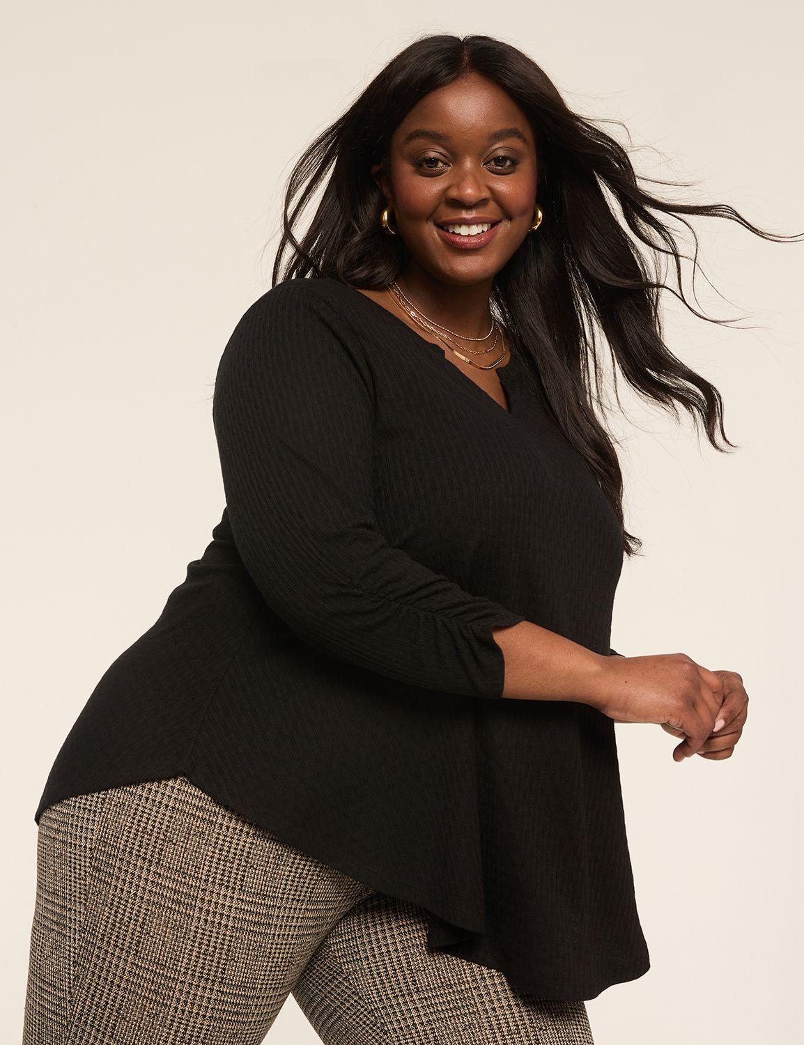 swing ruched 3/4-sleeve notch-neck top