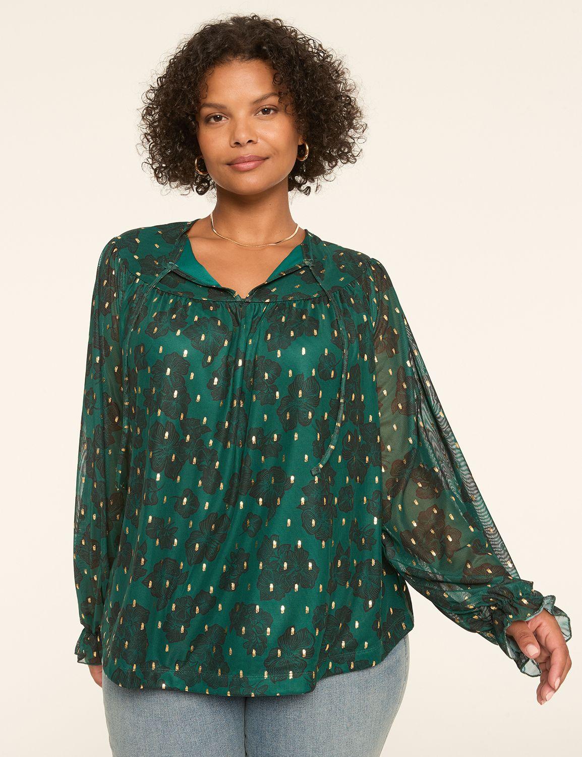 swing shimmer foiled mesh tie-neck top