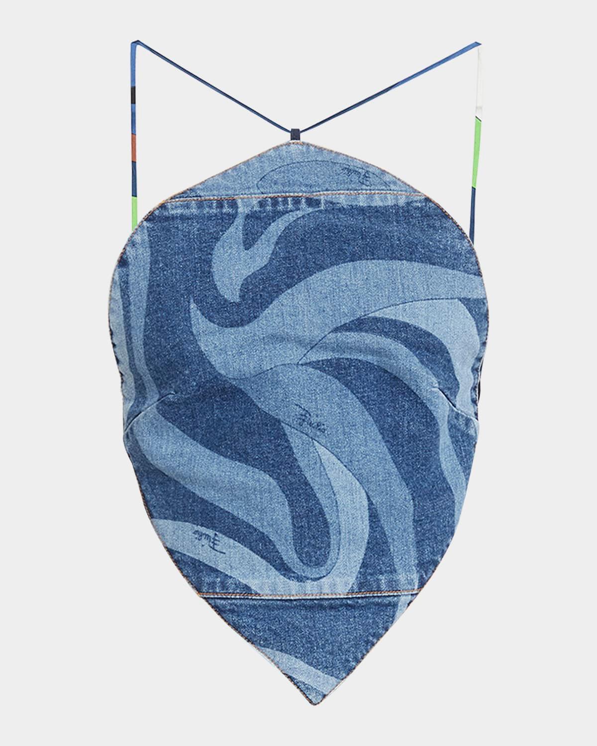 swirl-print strappy backless crop halter top