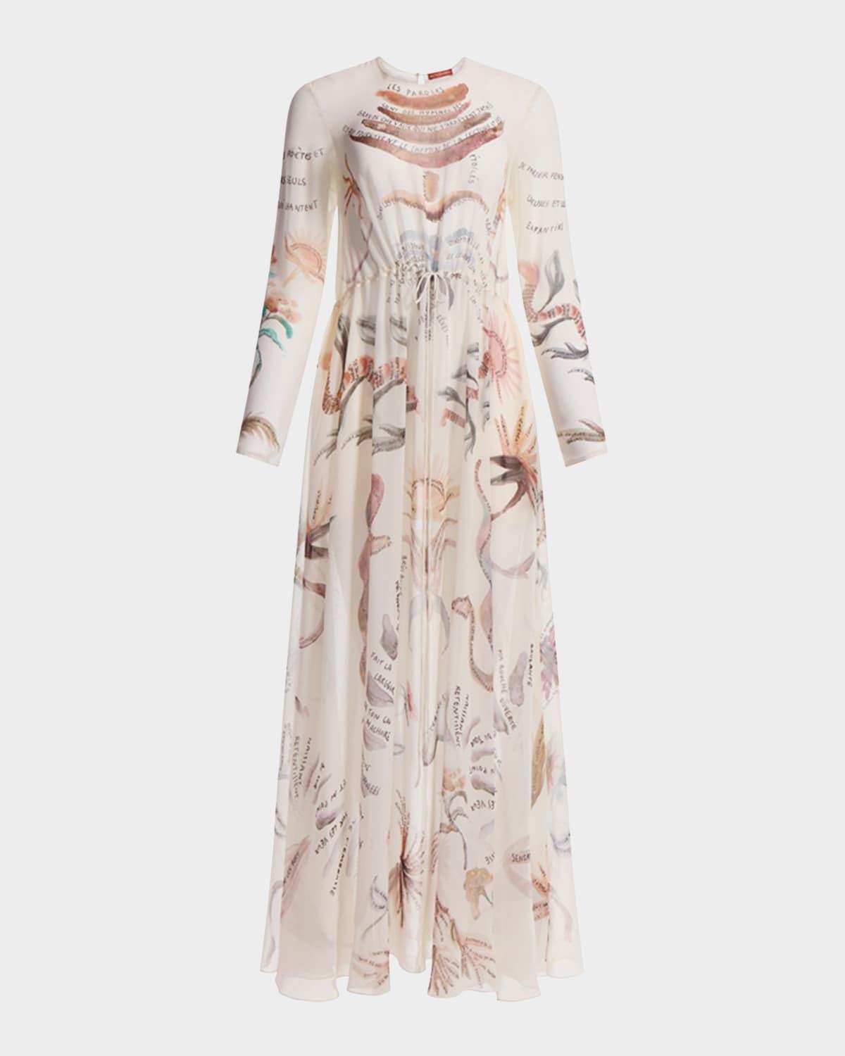 sybbeline long-sleeve drawstring silk maxi dress