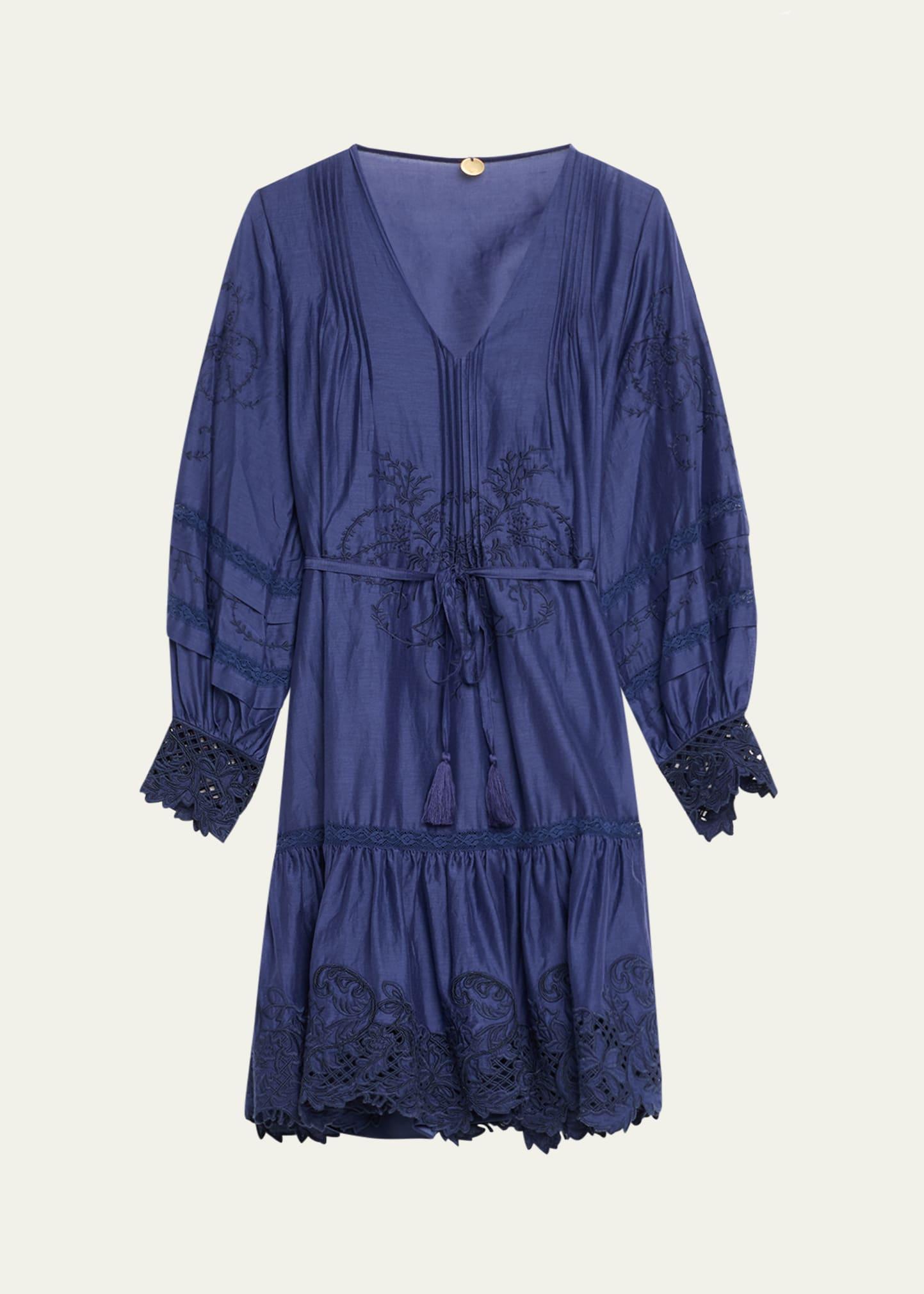 sykora embroidered long-sleeve belted dress