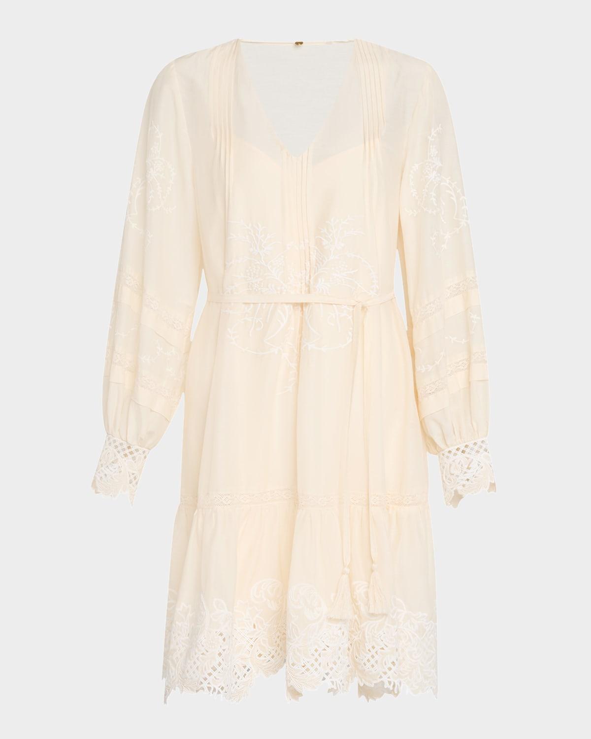 sykora embroidered long-sleeve belted dress