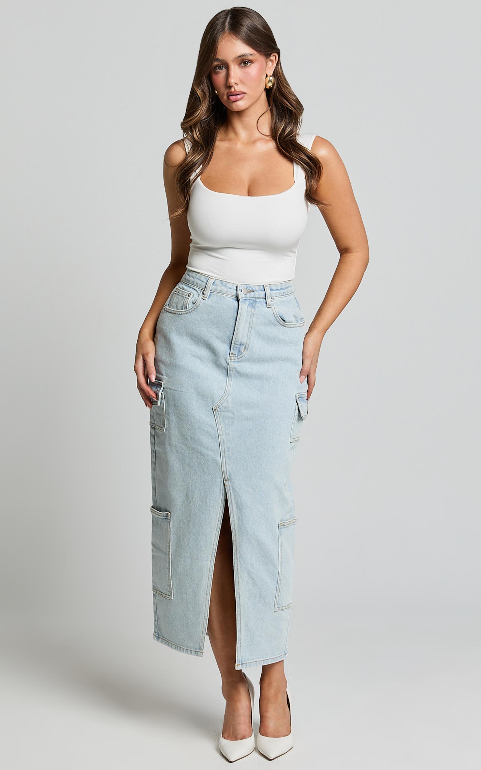 sylvia midi skirt - utility pockets denim skirt in light blue wash