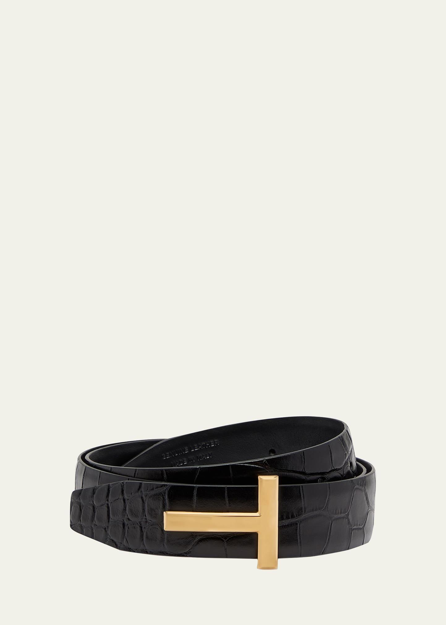 t buckle croc-embossed patent belt
