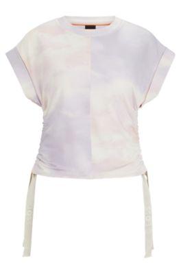 t-shirt dress in patterned stretch cotton with branded drawcords- patterned women's casual tops