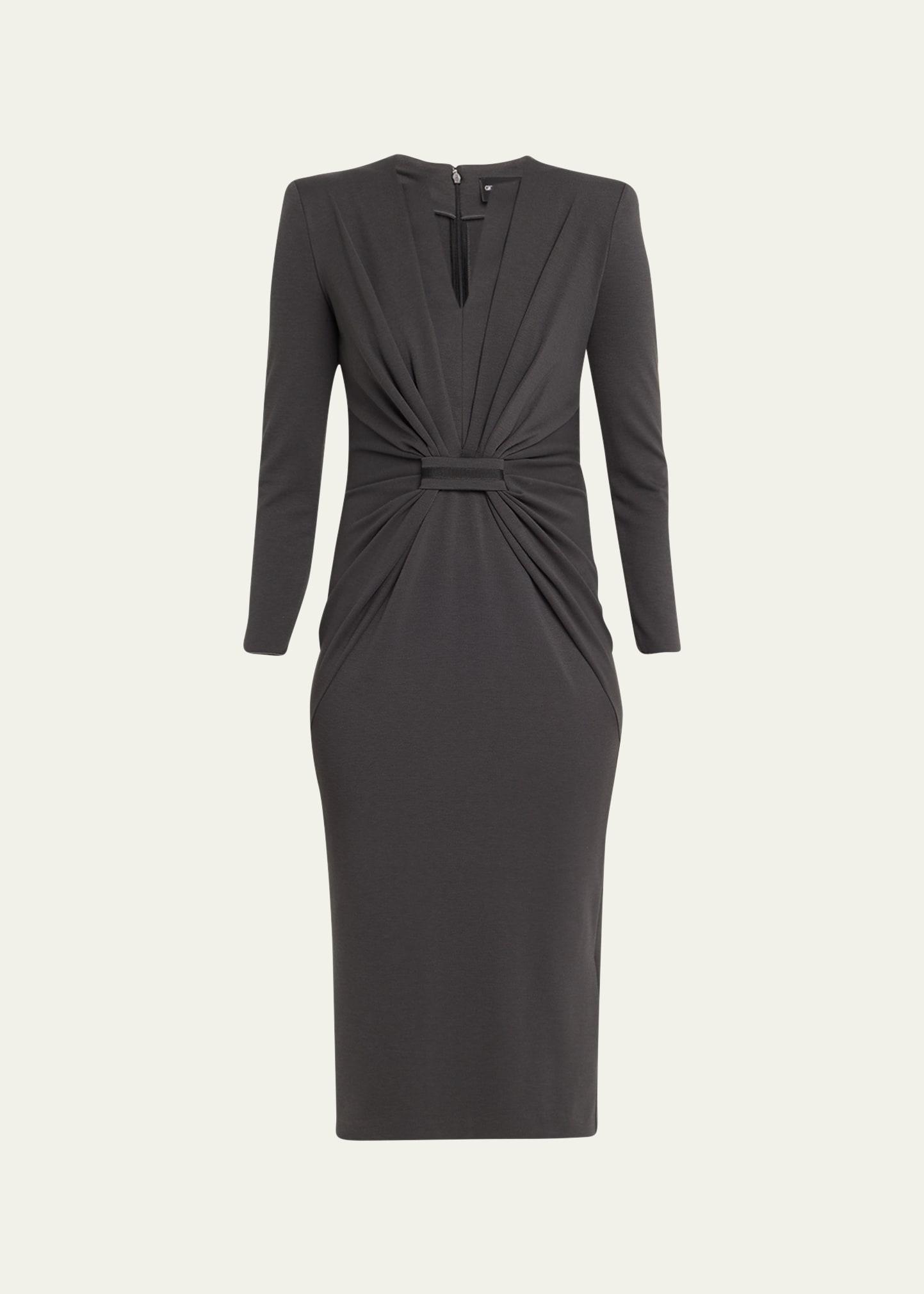 tab-front gathered jersey sheath dress