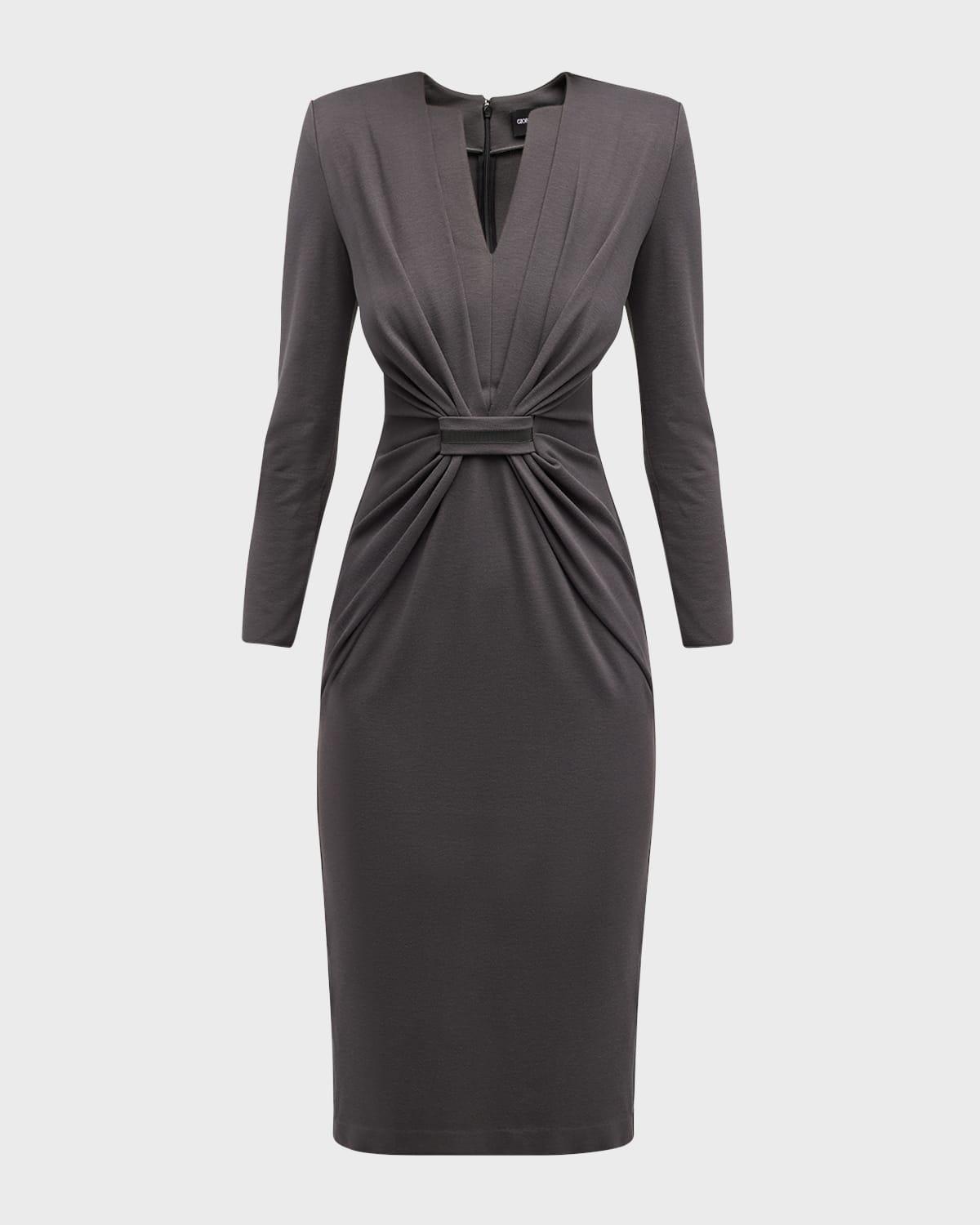 tab-front gathered jersey sheath dress