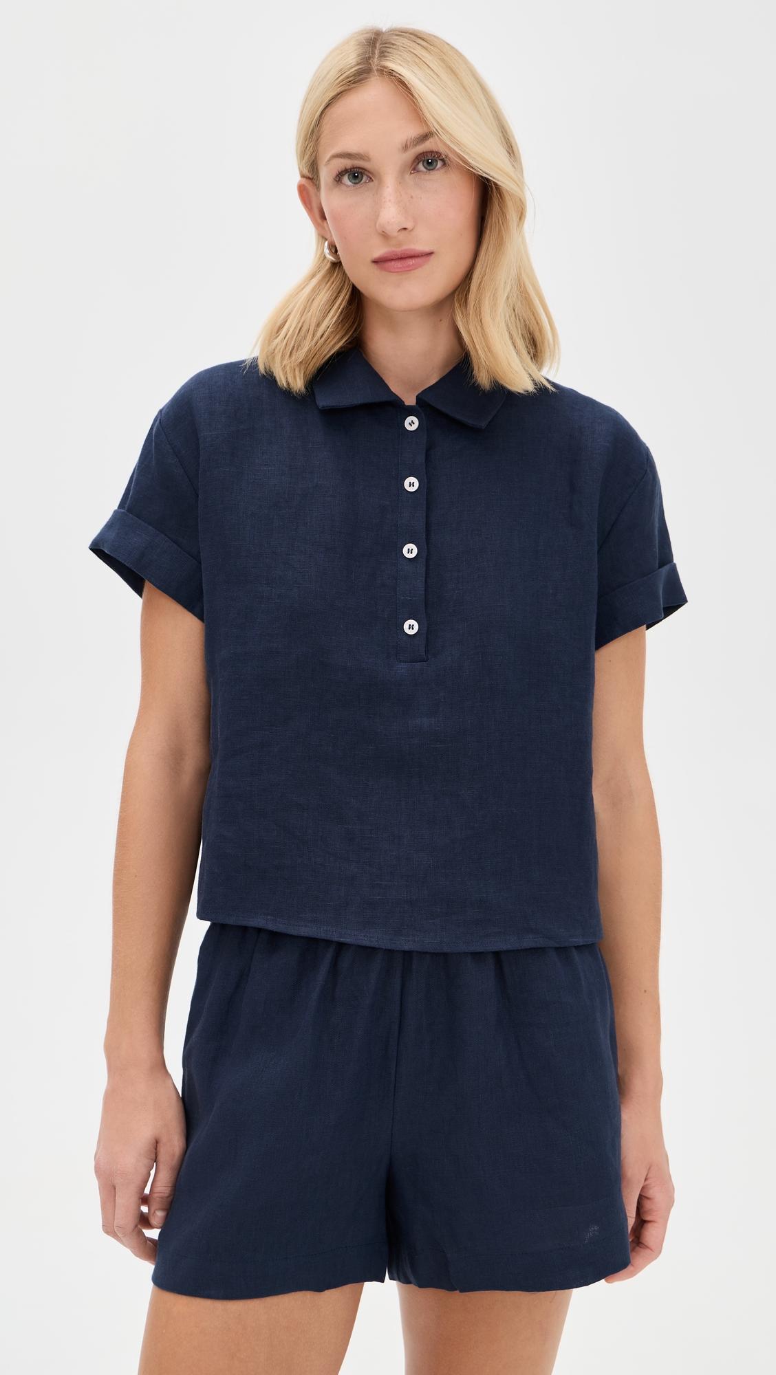 tabitha linen 1/4 button down collared tee